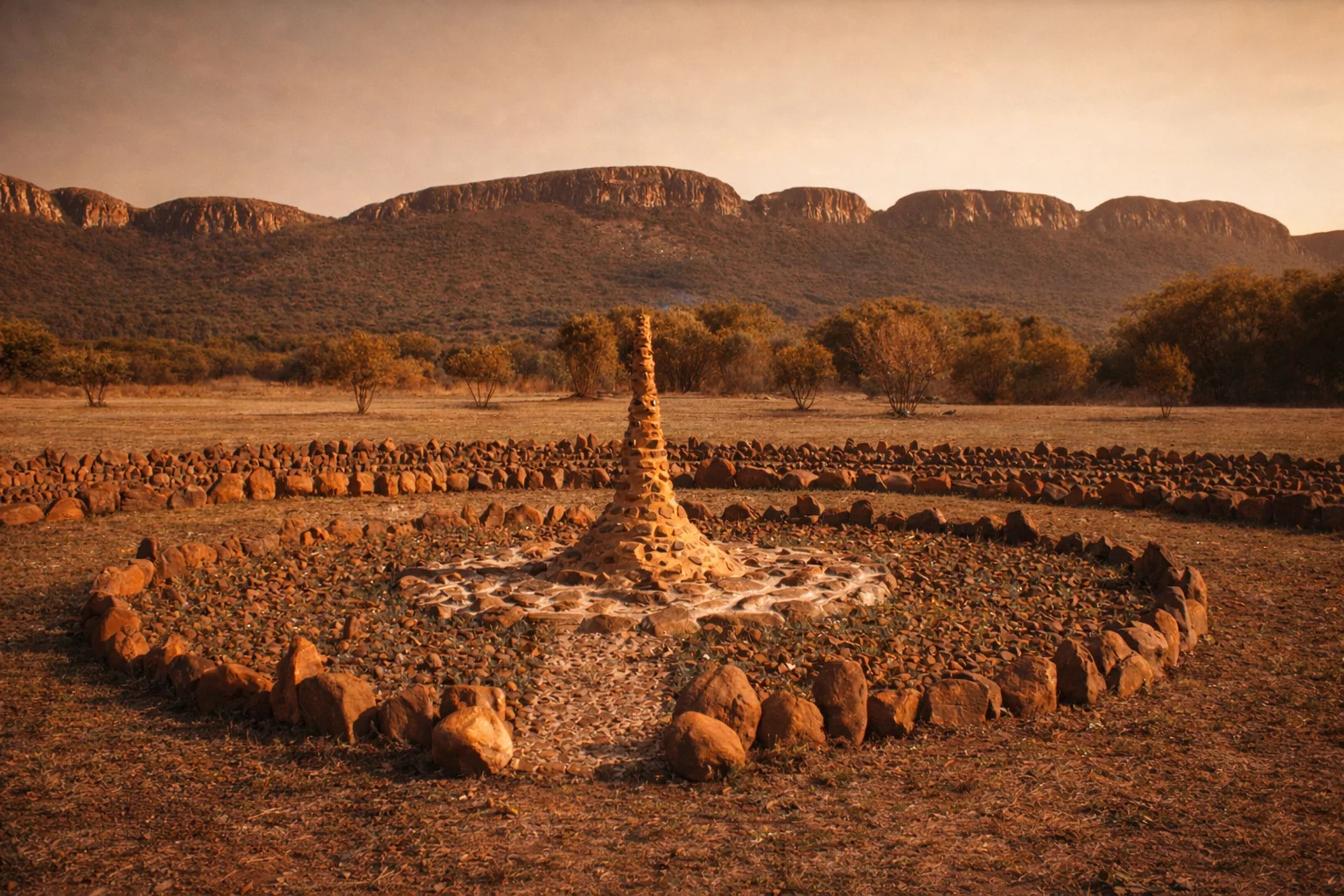 The Shelter Rock Labyrinth in late afternoon light, a circular stone path in front of the Magaliesberg cliffs.