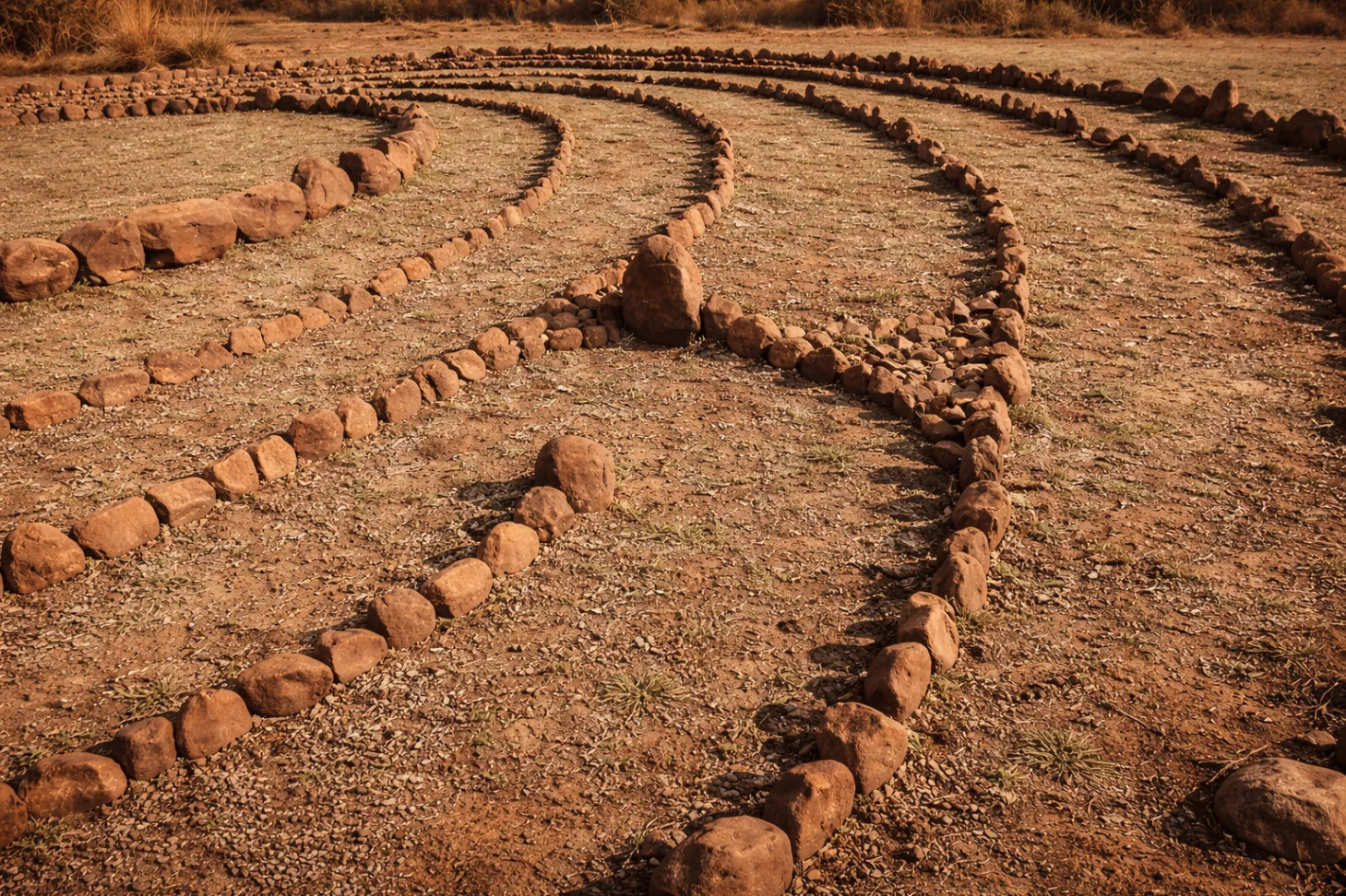Concentric stone rings of the Shelter Rock Labyrinth path curving through the Magaliesberg landscape.