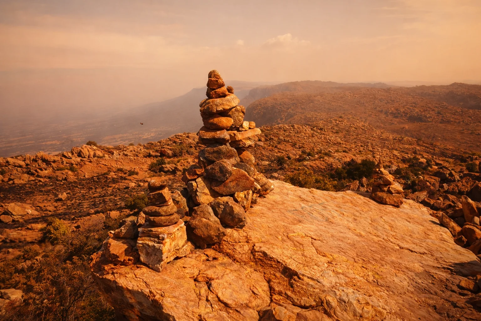 A cairn on the exposed summit ridge with hazy Magaliesberg horizon receding into warm dusk light.
