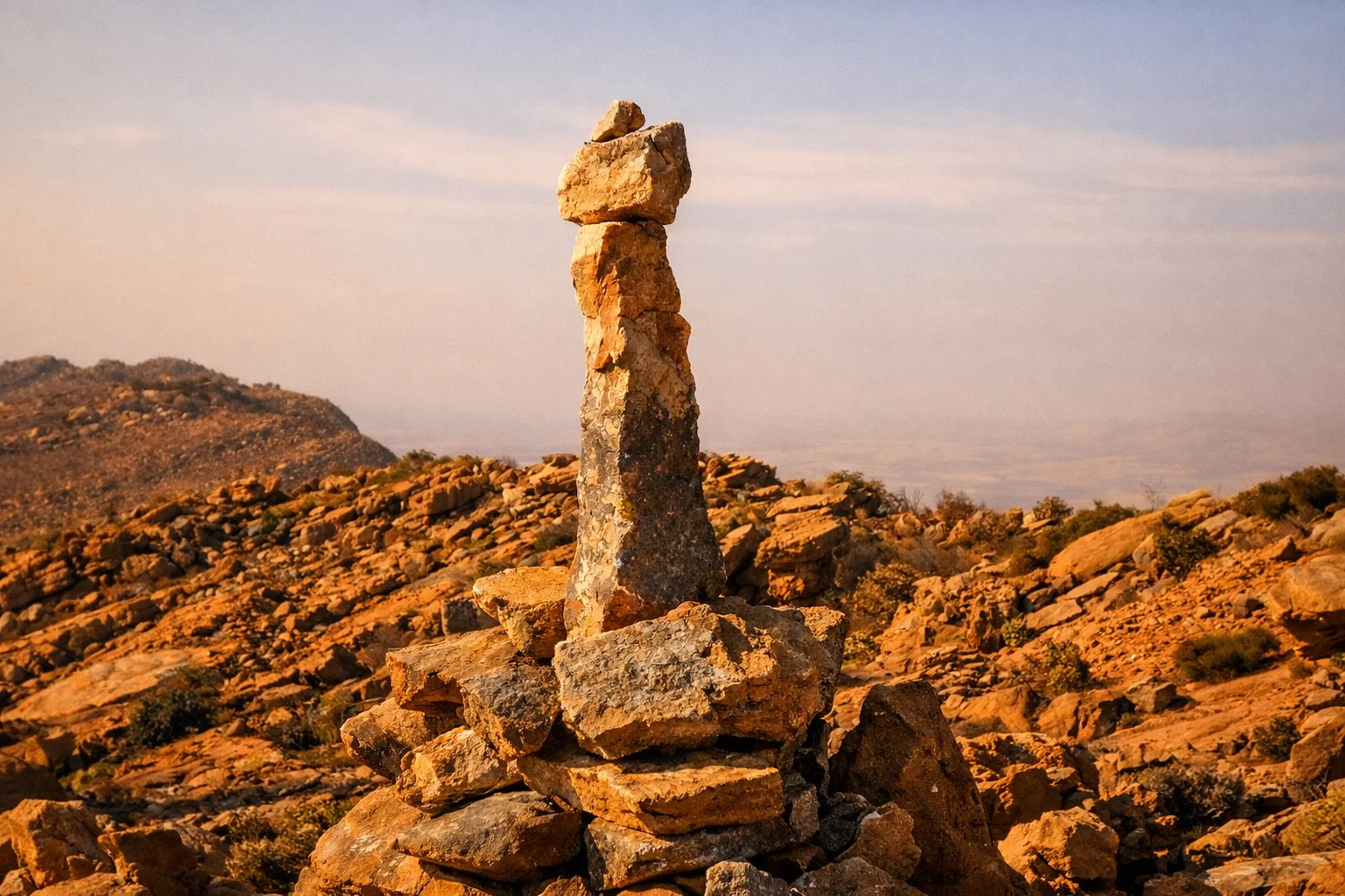 A tall balanced cairn on the exposed sandstone summit of the ridge with distant Magaliesberg horizon behind.