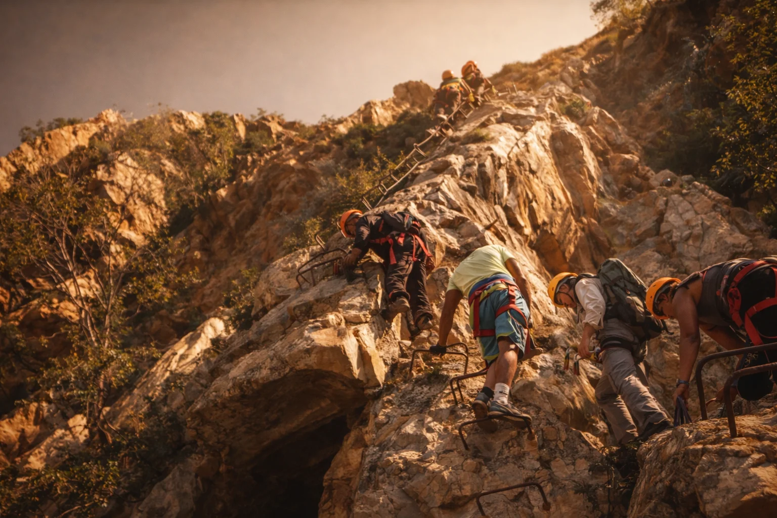 Group of climbers ascending the Via Ferrata steel rungs and cable on a golden sandstone cliff in the Magaliesberg.