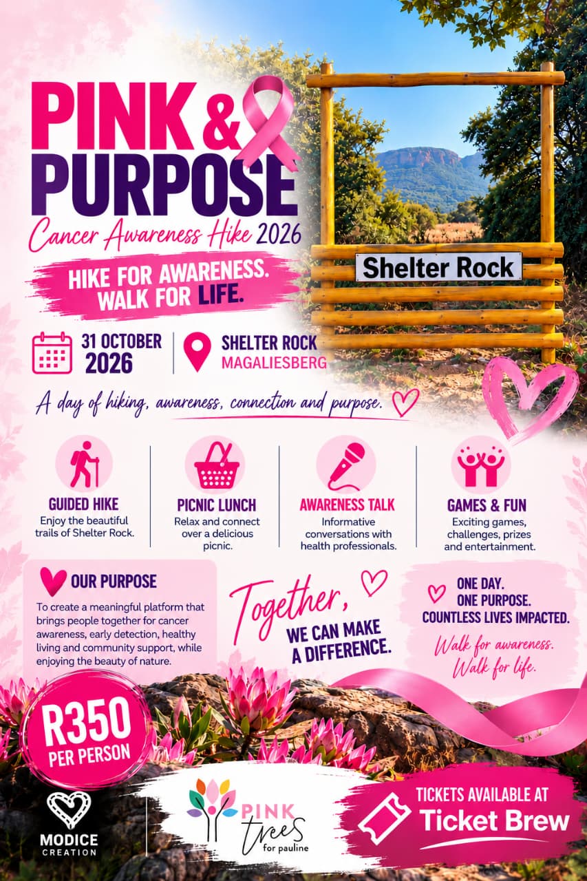 Pink & Purpose Cancer Awareness Hike 2026 poster — 31 October at Shelter Rock, R350 per person