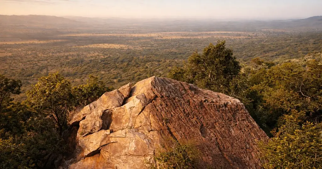 Ancient sandstone cliffs of the Magaliesberg at golden hour with two tiny hikers on a distant ridgeline.